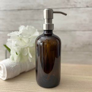 SET OF 2: 16 OZ. GLASS SOAP DISPENSER W/ METAL PUMP (AMBER GLASS/SILVER PUMP)